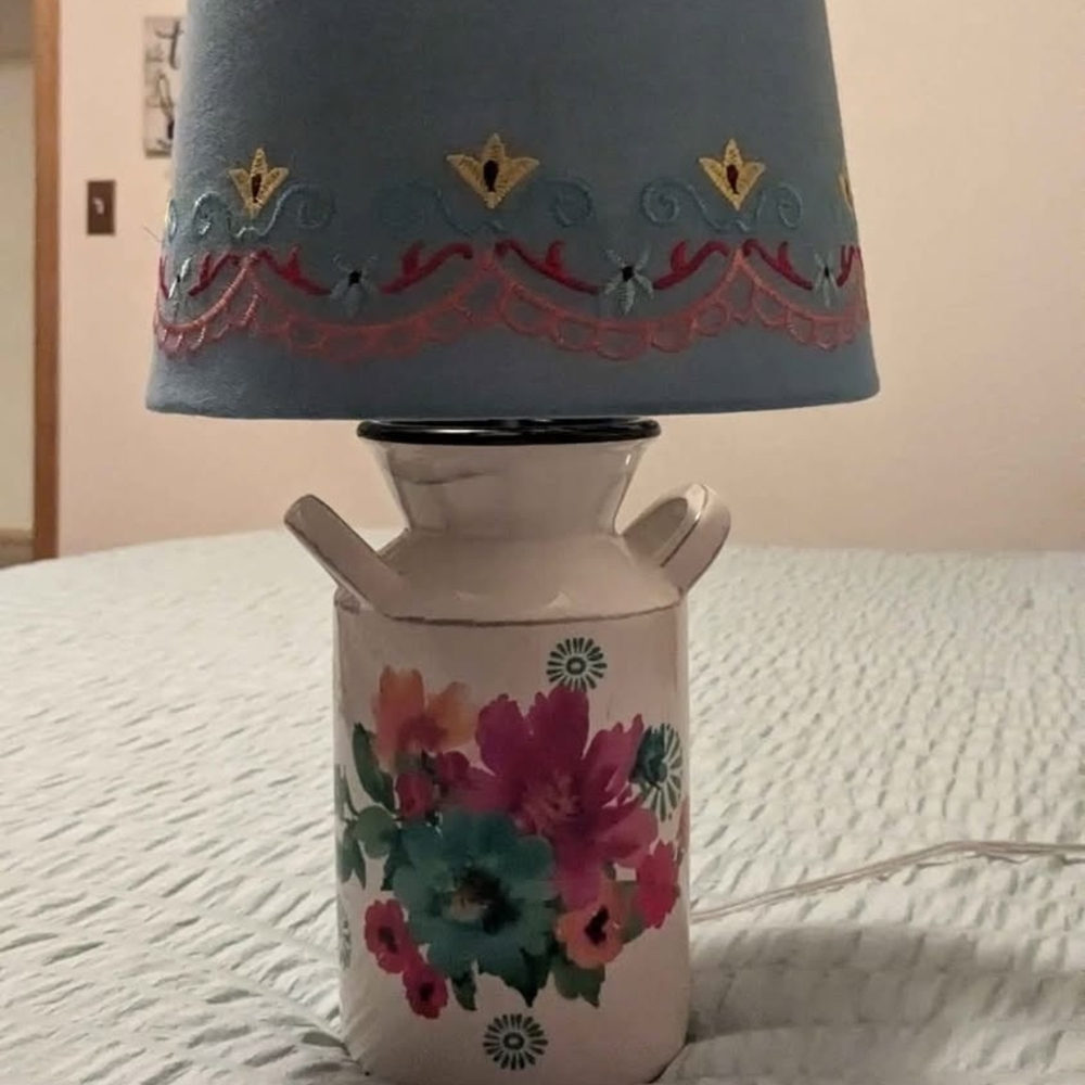 Floral Table Lamp with Embroidered Shade